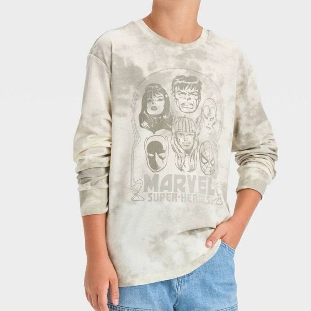 Boys' Marvel Superhero Long Sleeve Graphic Casual T-Shirt Cream Tie-dye New
